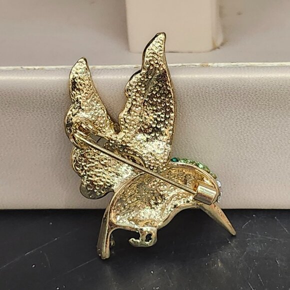Betsey Johnson Hummingbird Brooch/Pin Green Clear Rhinestones Enamel Gold Tone - Picture 3 of 3